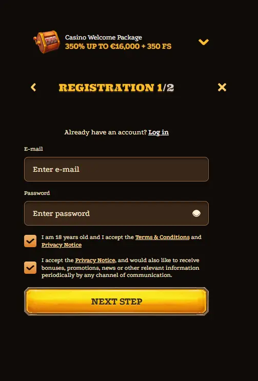 Registrierungsseite von Lizaro Casino